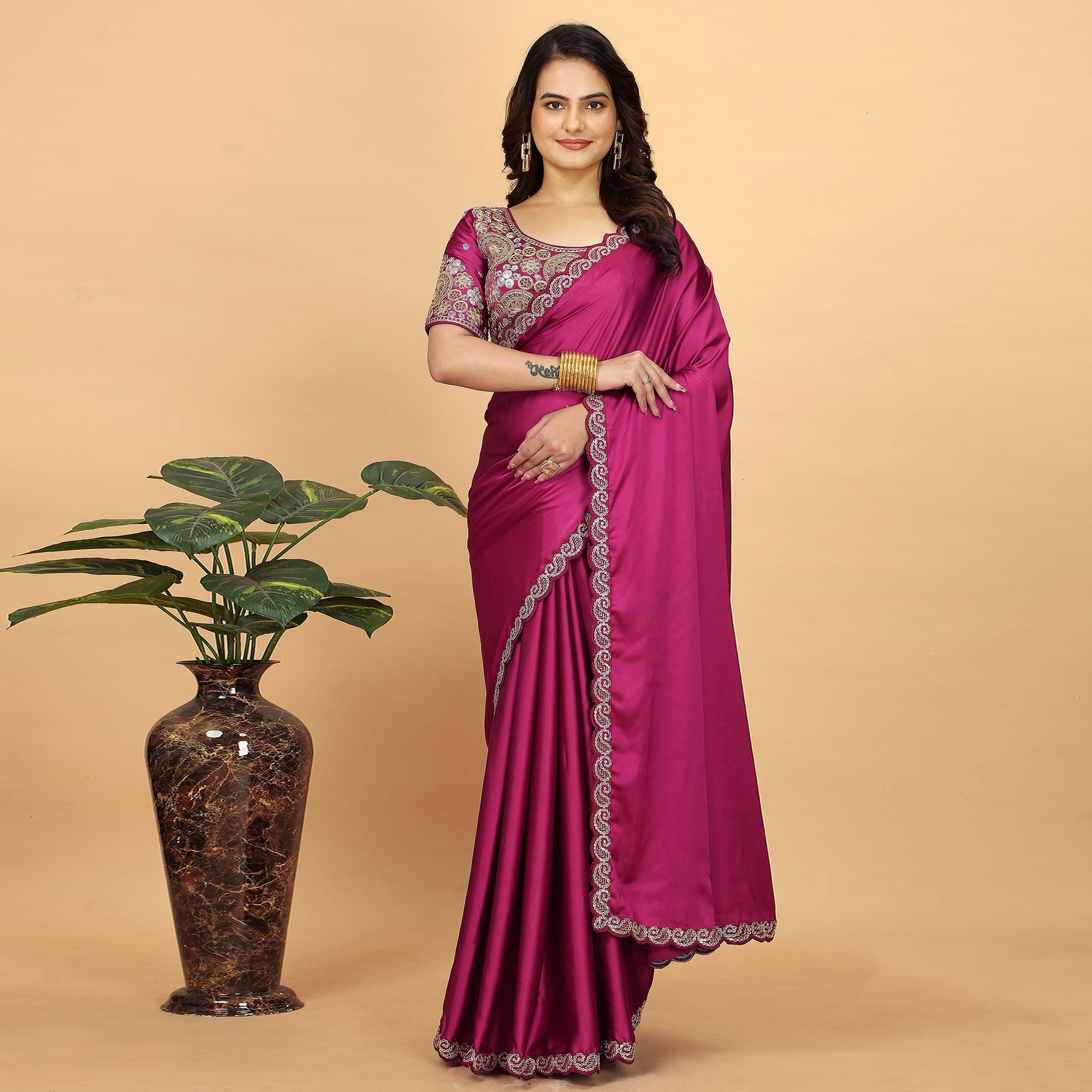 Pink Solid Satin Saree With Sequins Embroidered Border