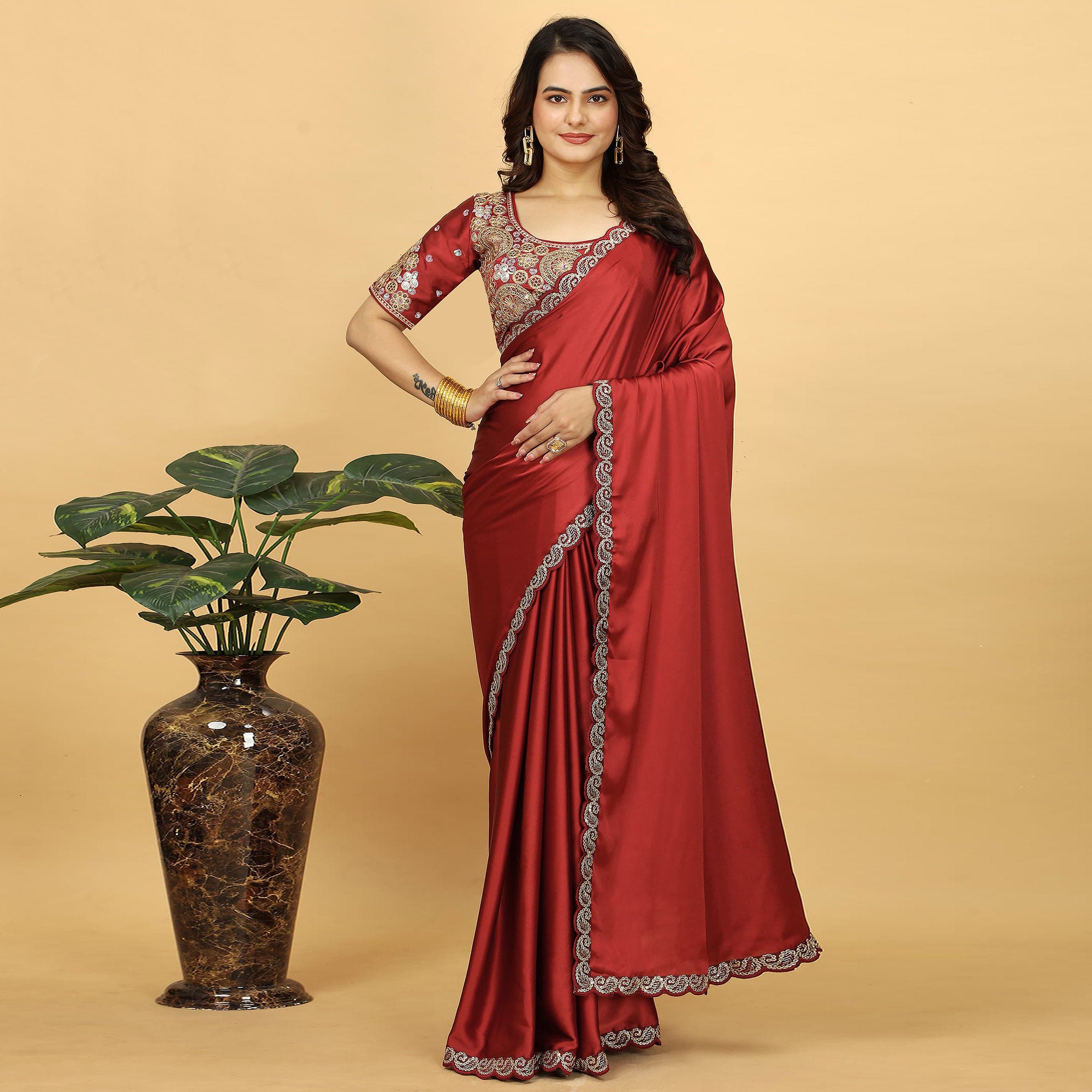 Red Solid Satin Saree With Sequins Embroidered Border