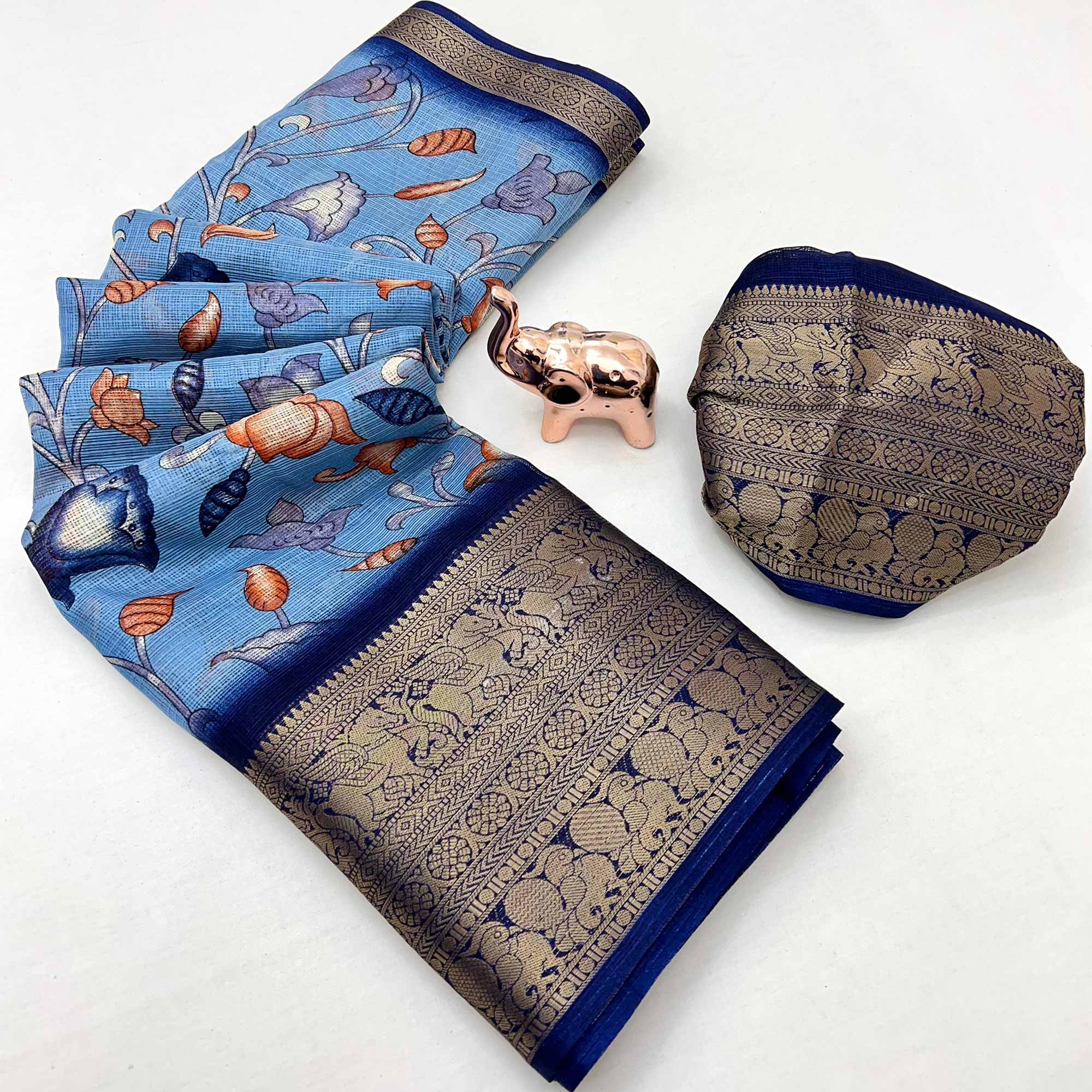 Blue Kashmiri Floral Printed Kota Doria Saree With Bandhani Pallu & Rich Zari Weaving Border