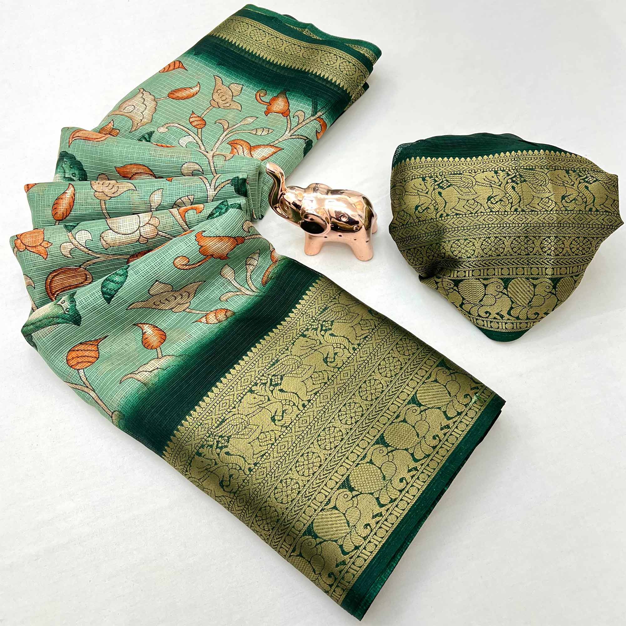 Green Kashmiri Floral Printed Kota Doria Saree With Bandhani Pallu & Rich Zari Weaving Border