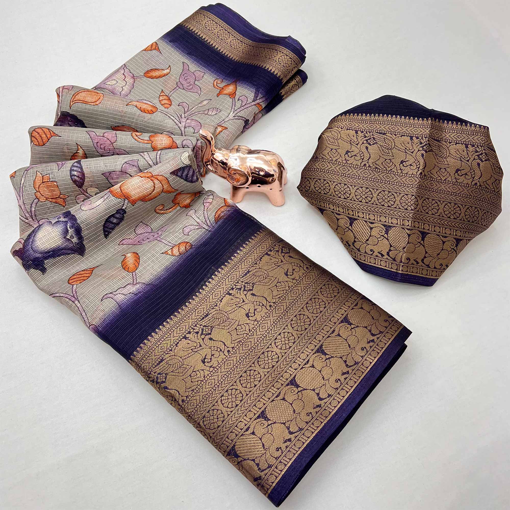 Grey Kashmiri Floral Printed Kota Doria Saree With Bandhani Pallu & Rich Zari Weaving Border