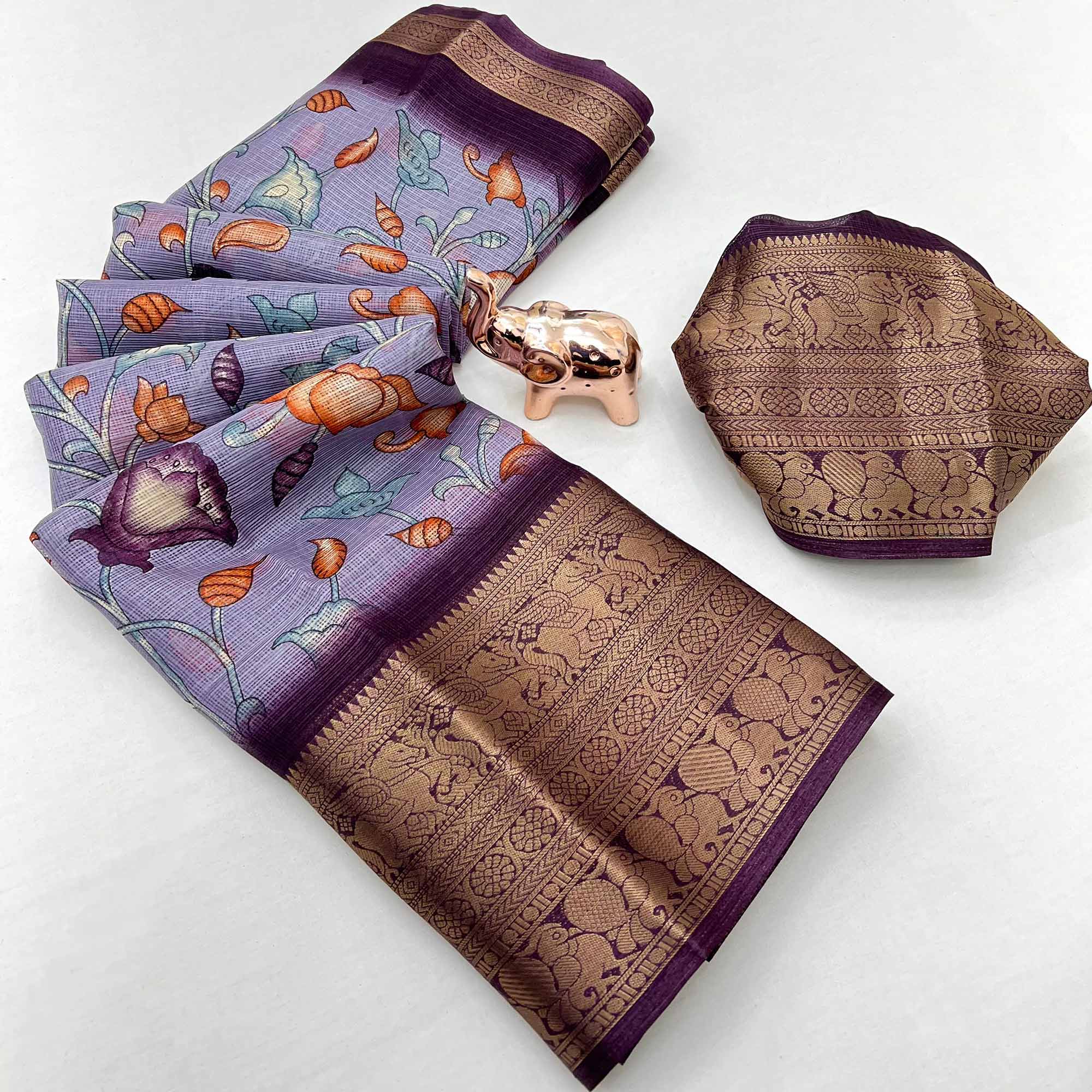 Lavender Kashmiri Floral Printed Kota Doria Saree With Bandhani Pallu & Rich Zari Weaving Border