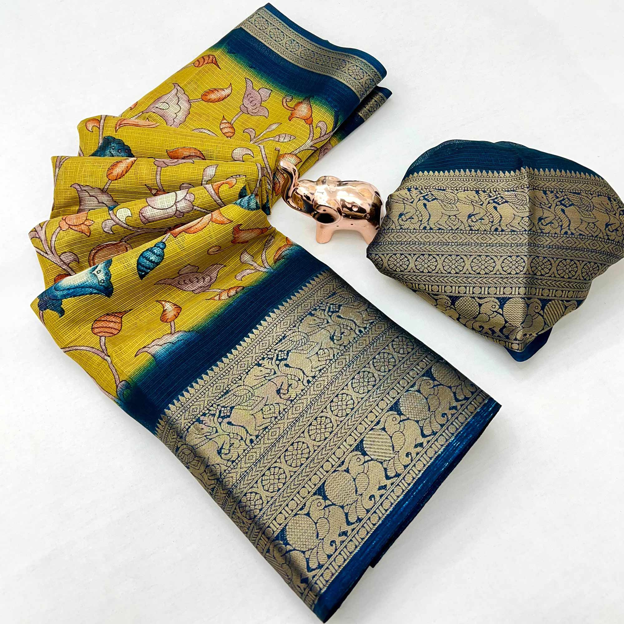 Mustard Kashmiri Floral Printed Kota Doria Saree With Bandhani Pallu & Rich Zari Weaving Border