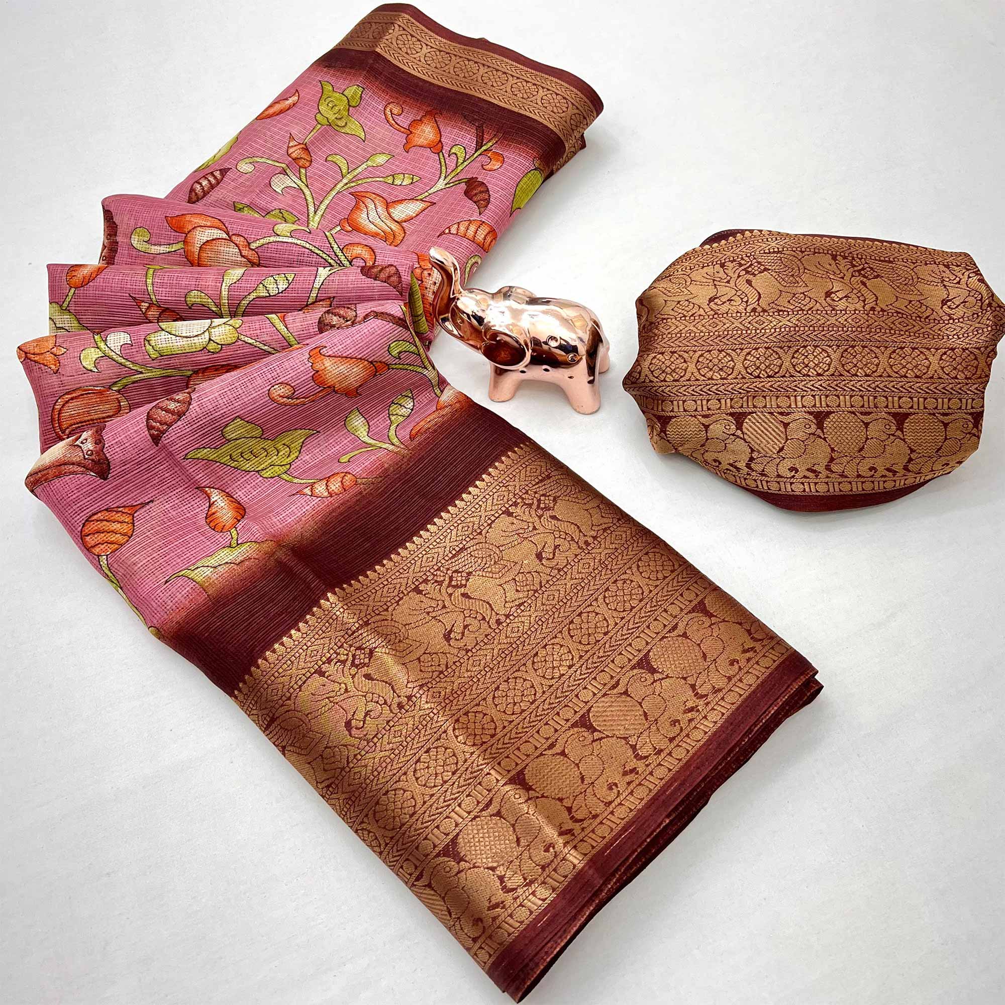 Pink Kashmiri Floral Printed Kota Doria Saree With Bandhani Pallu & Rich Zari Weaving Border