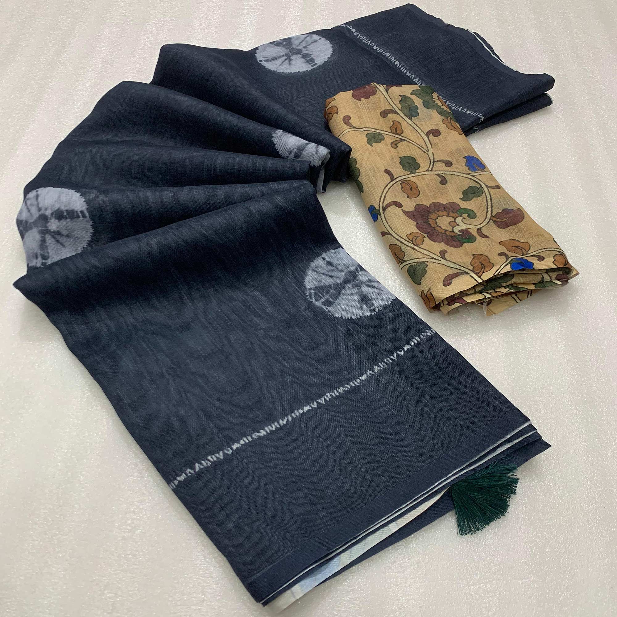 Black Batik Printed Linen Saree