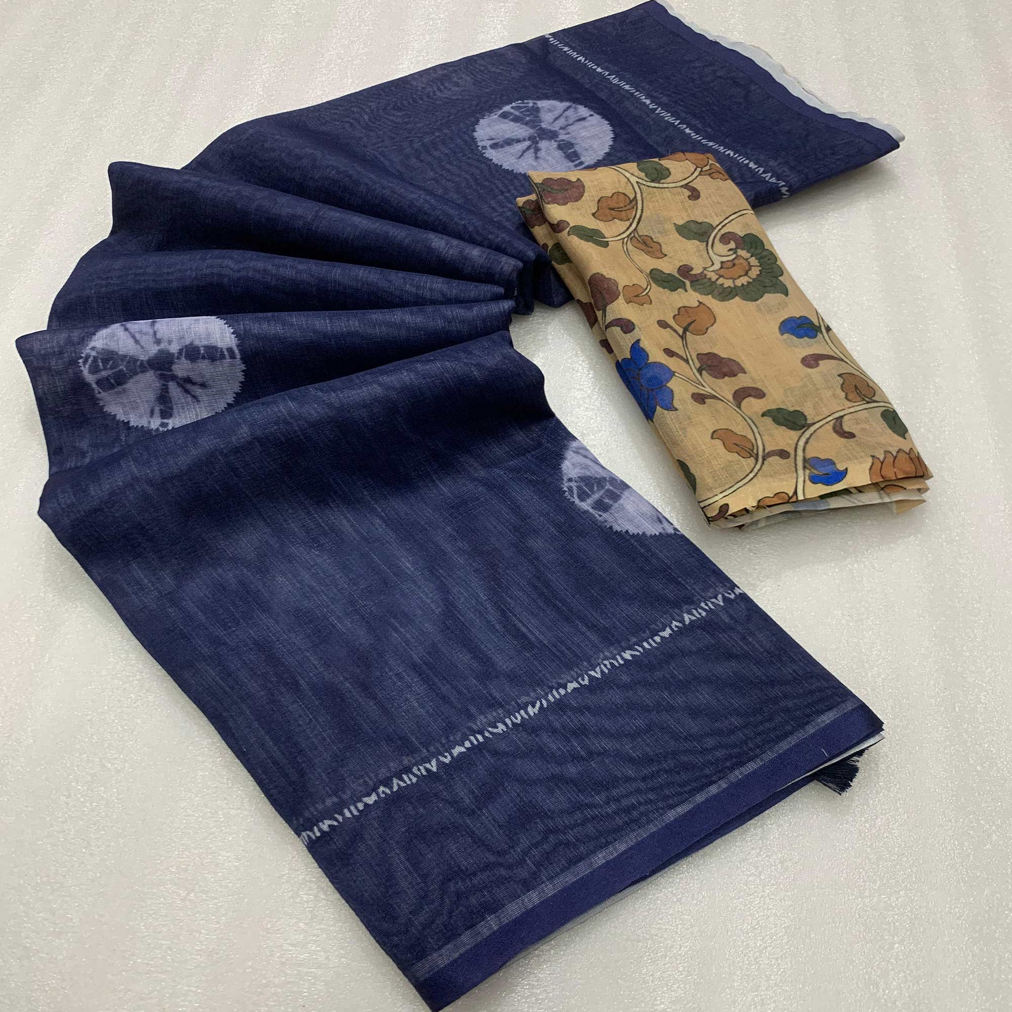 Blue Batik Printed Linen Saree