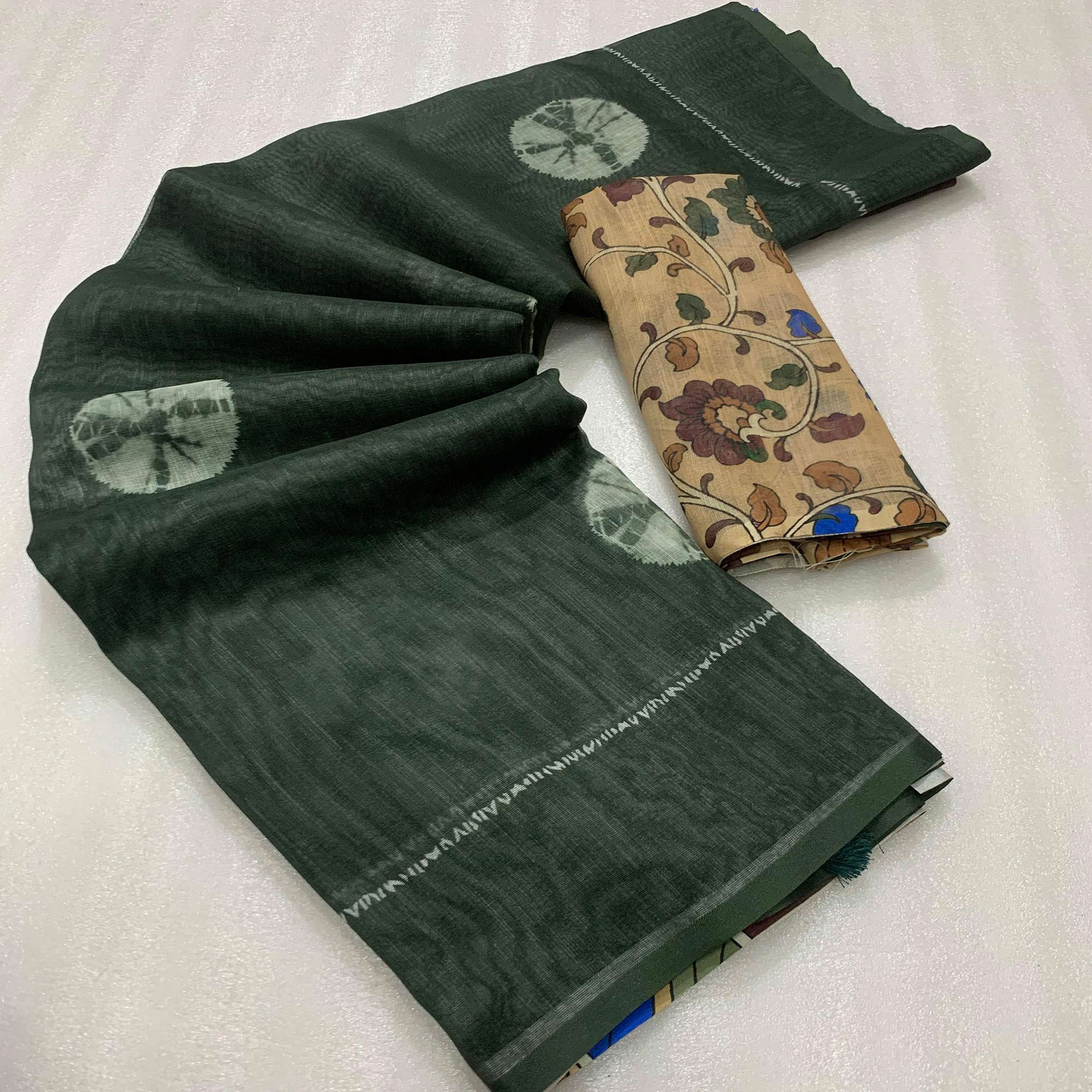 Green Batik Printed Linen Saree