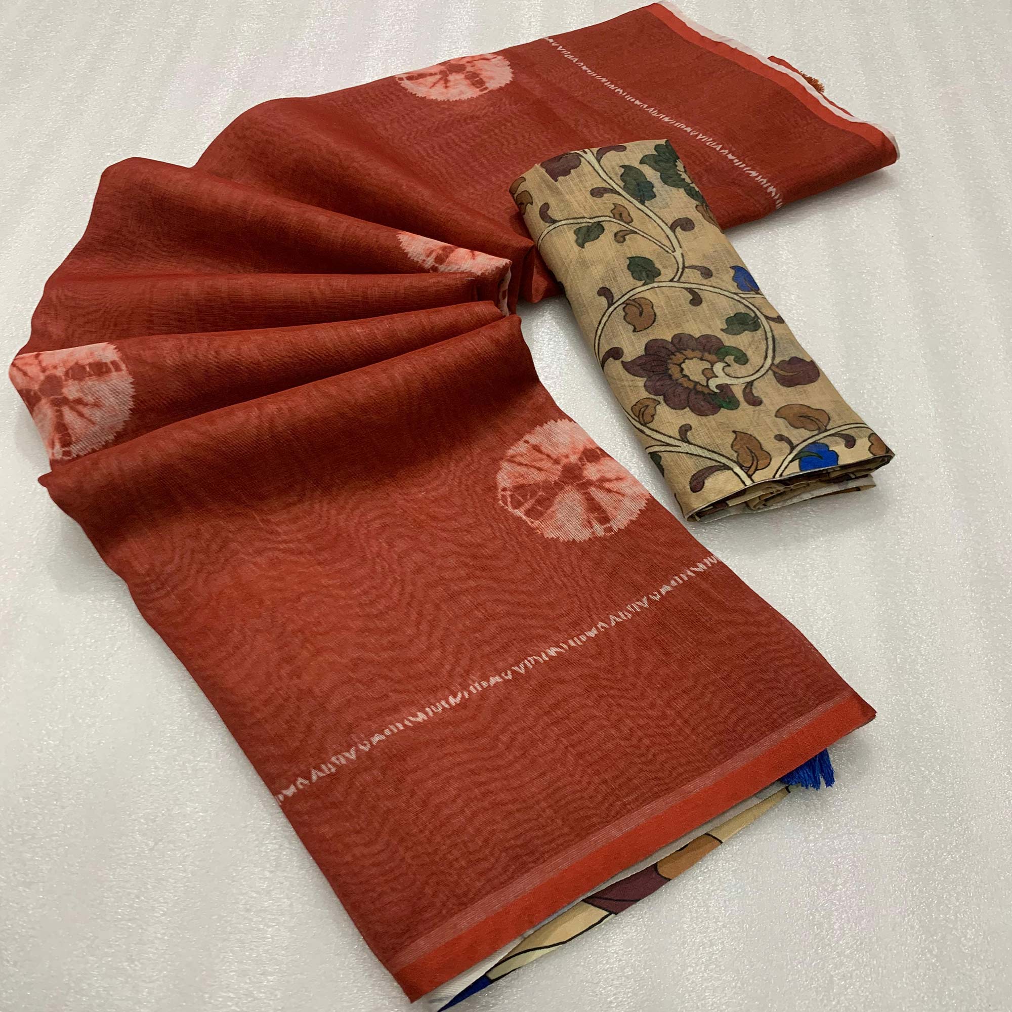 Rust Batik Printed Linen Saree