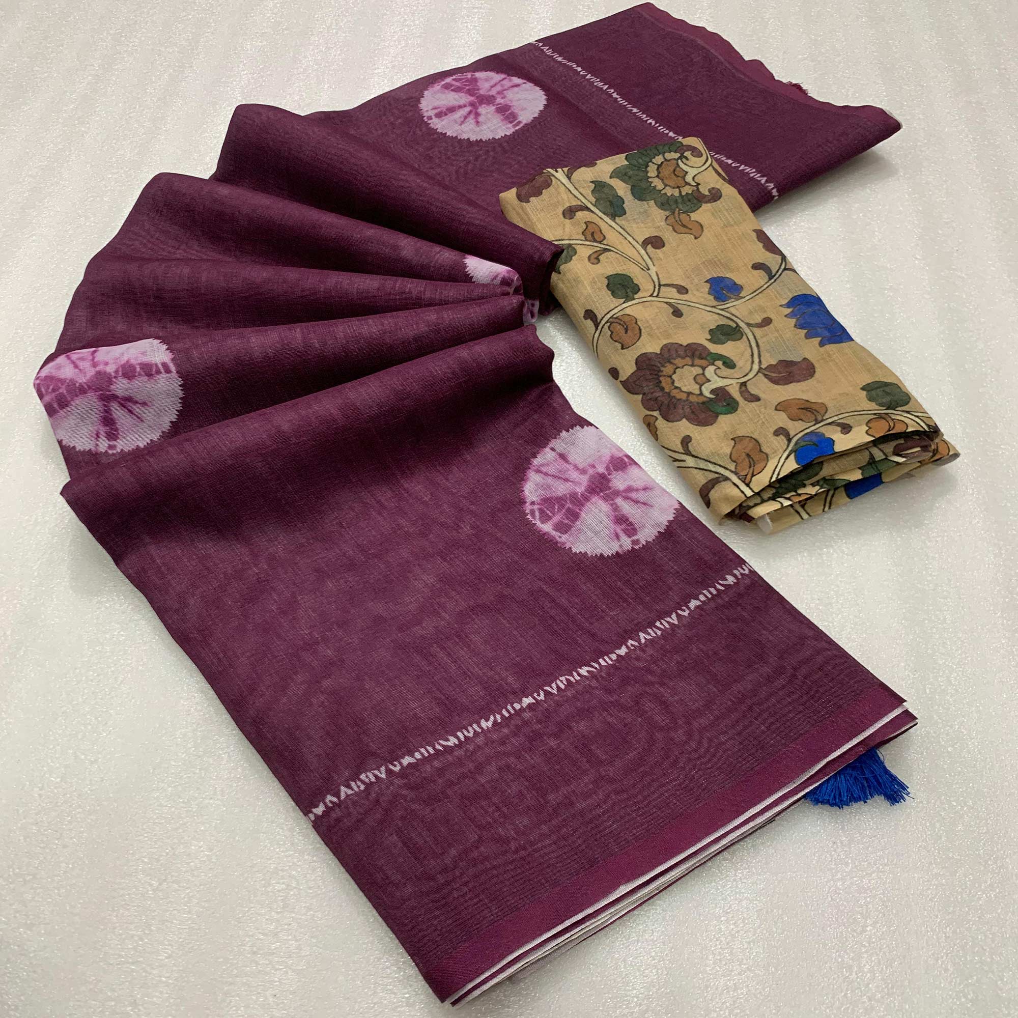 Wine Batik Printed Linen Saree