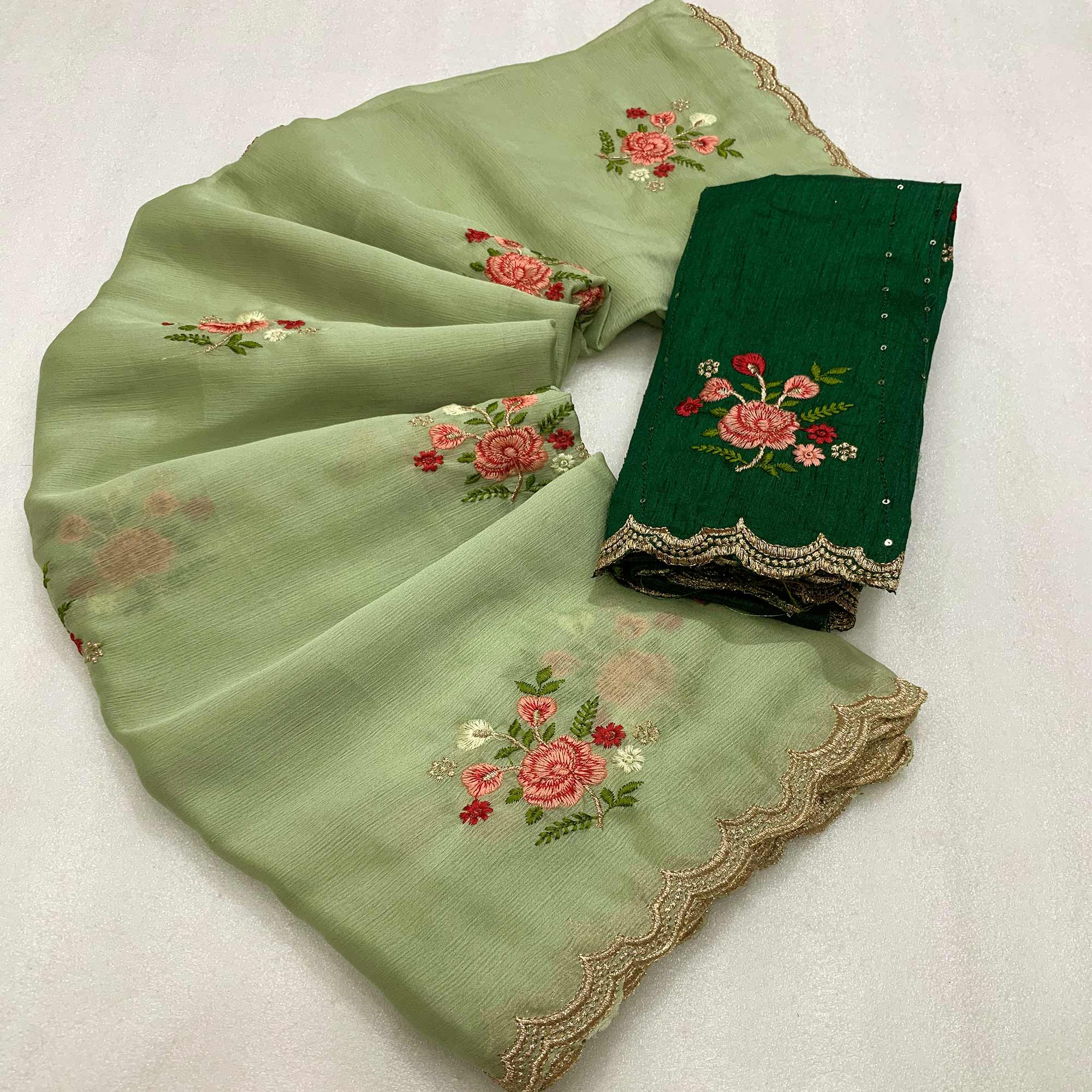 Green Floral Embroidered Chiffon Saree