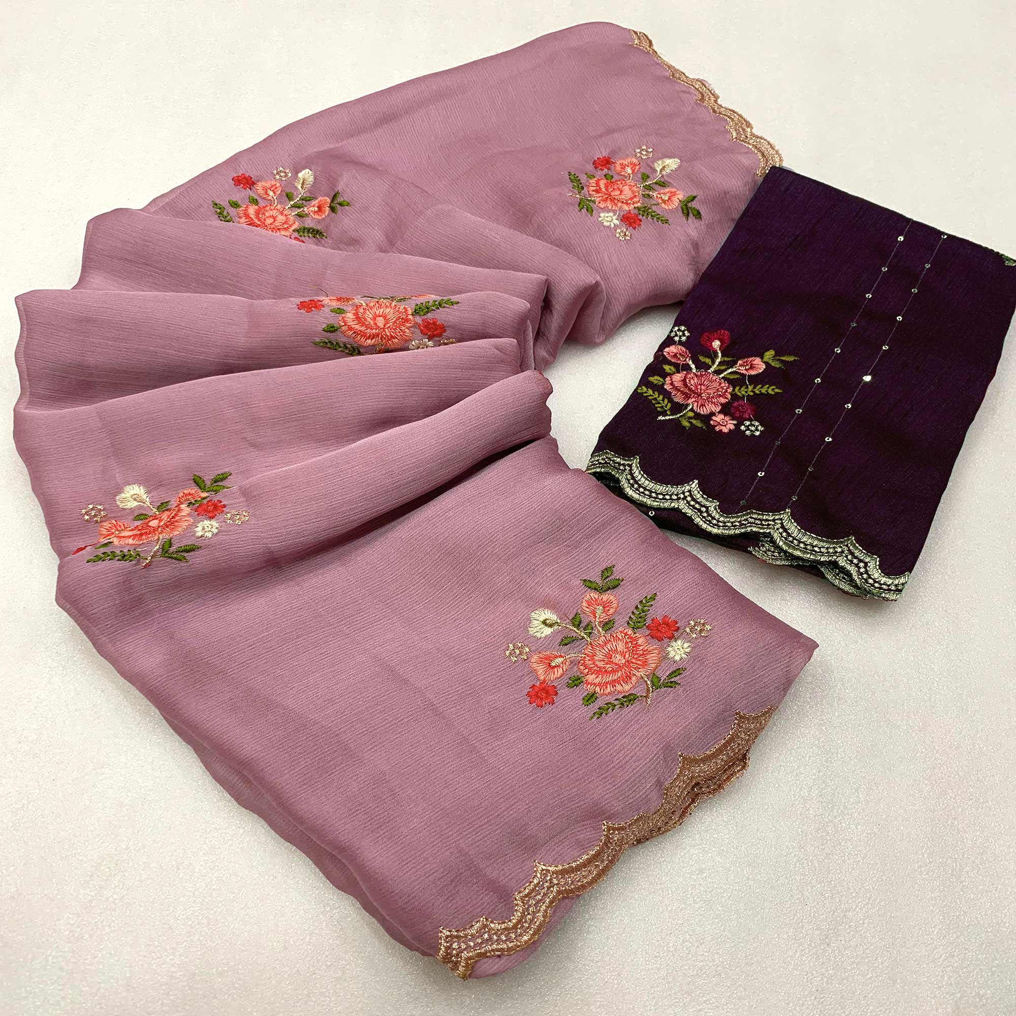 Mauve Floral Embroidered Chiffon Saree