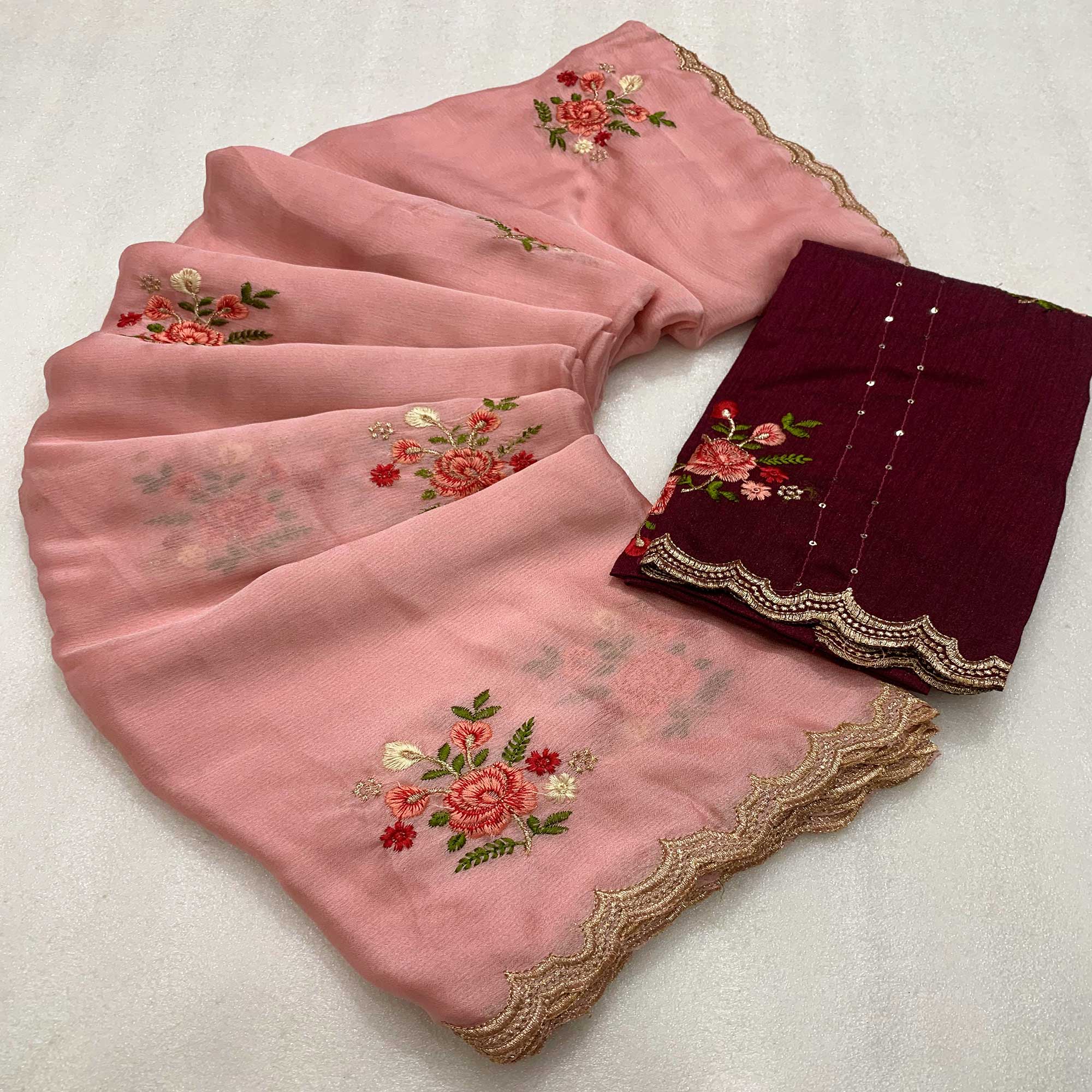 Pink Floral Embroidered Chiffon Saree