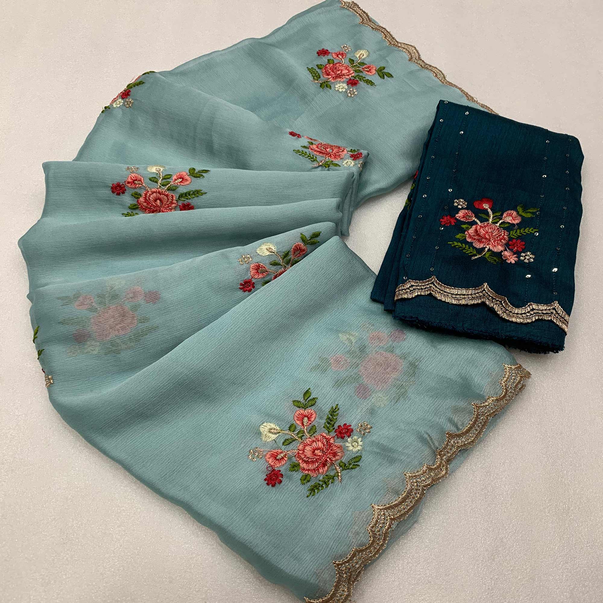 Sky Blue Floral Embroidered Chiffon Saree