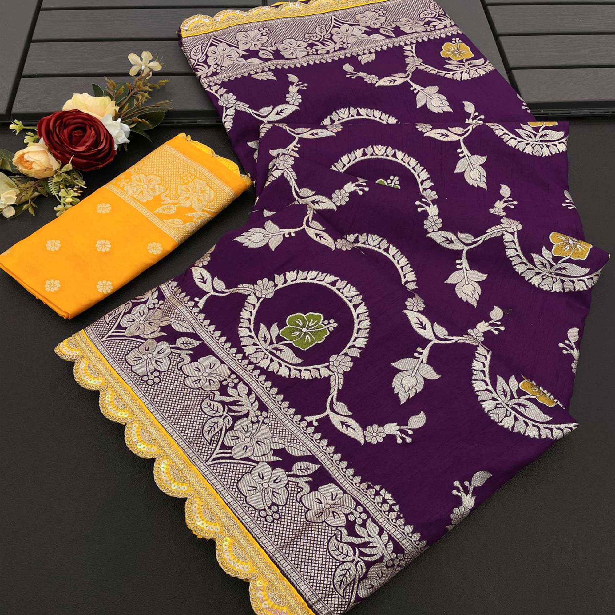 Purple Floral Woven Dola Silk Saree With Lace Border