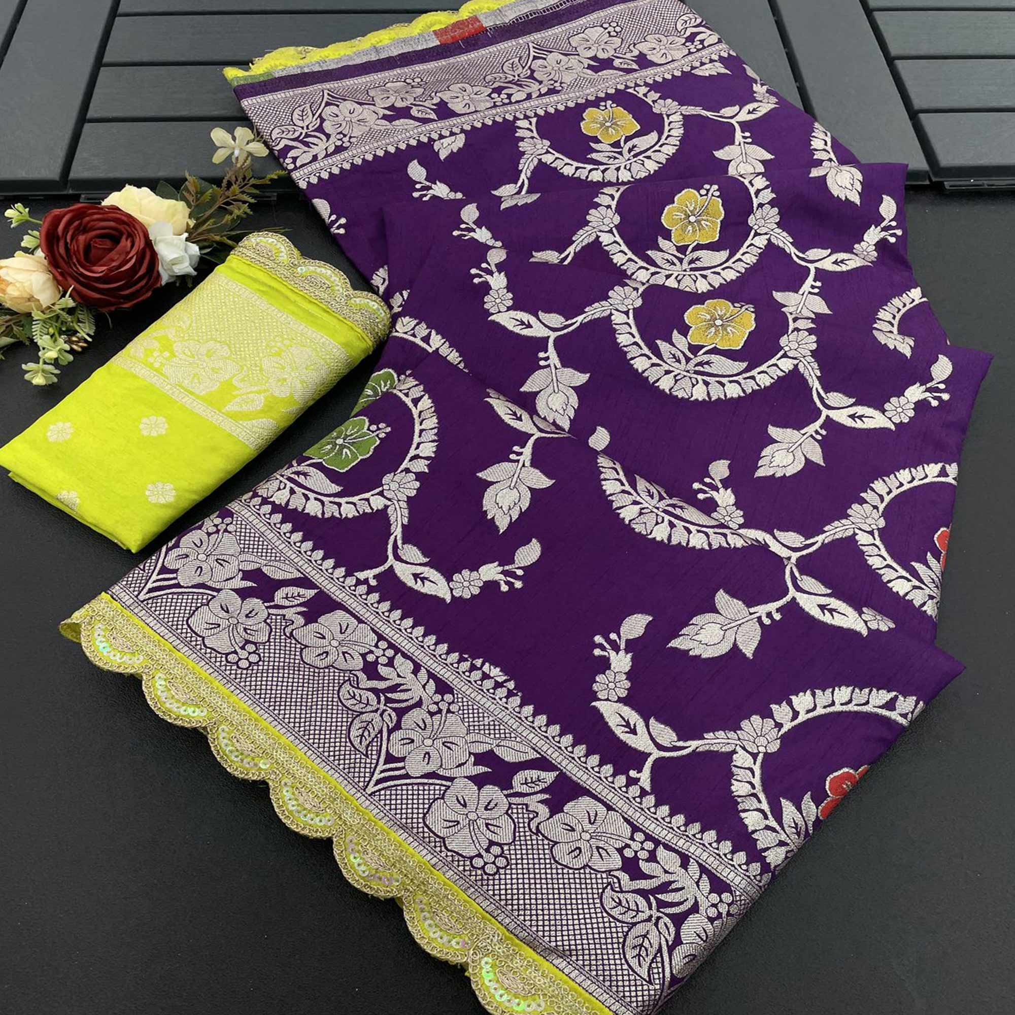 Purple Floral Woven Dola Silk Saree With Lace Border