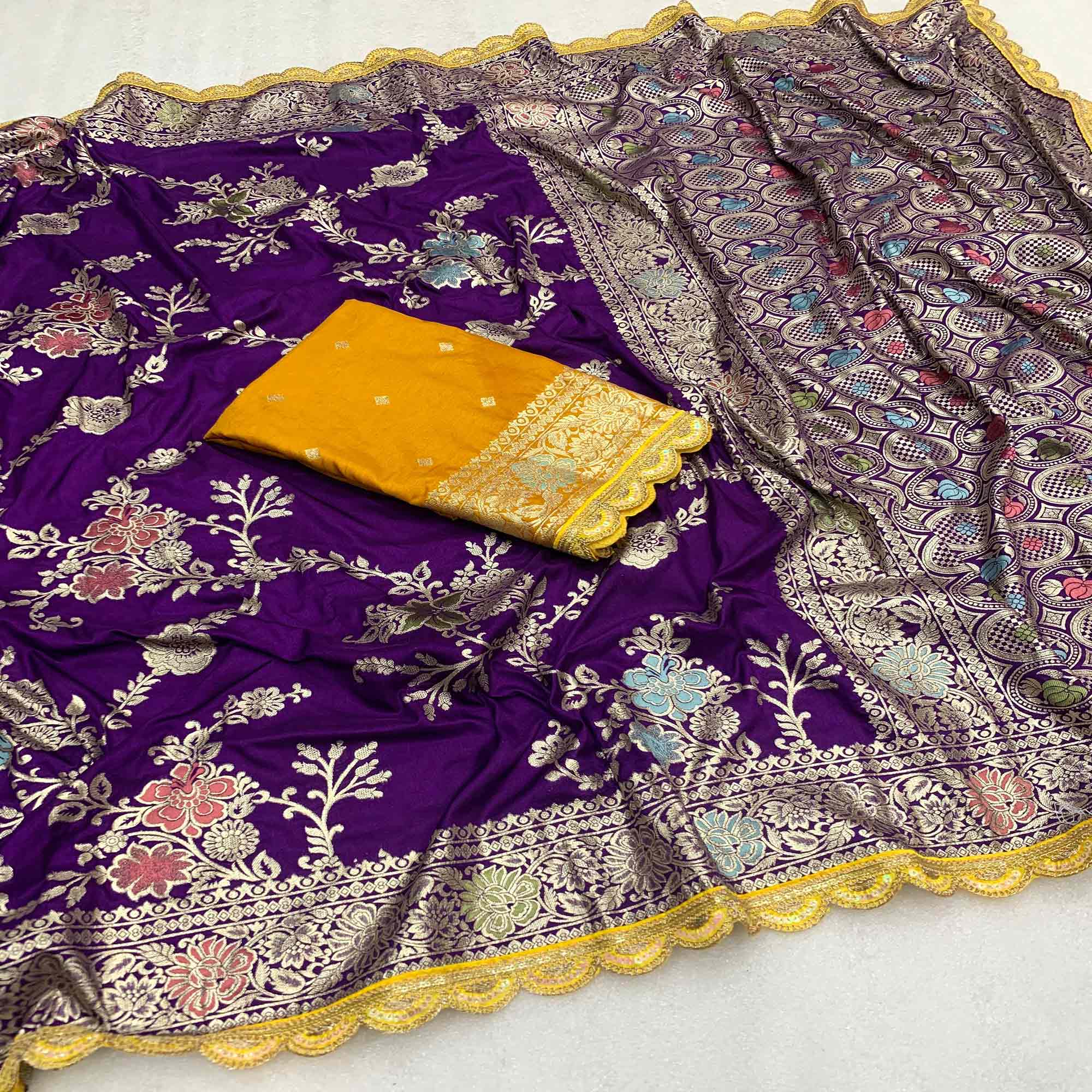 Purple Floral Woven Dola Silk Saree With Lace Border
