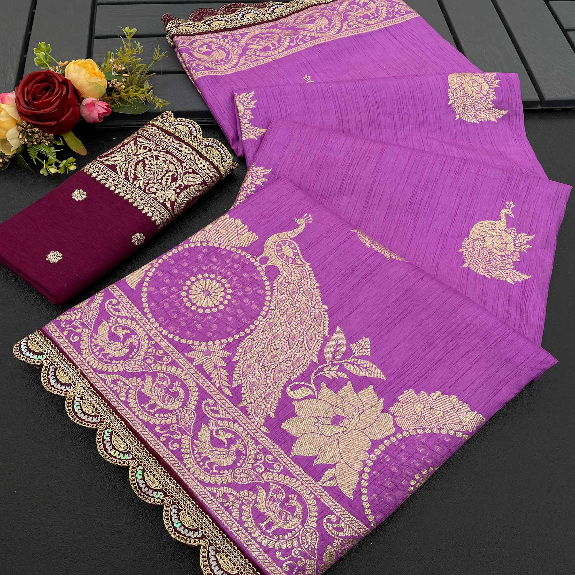 Violet Floral Woven Dola Silk Saree With Lace Border