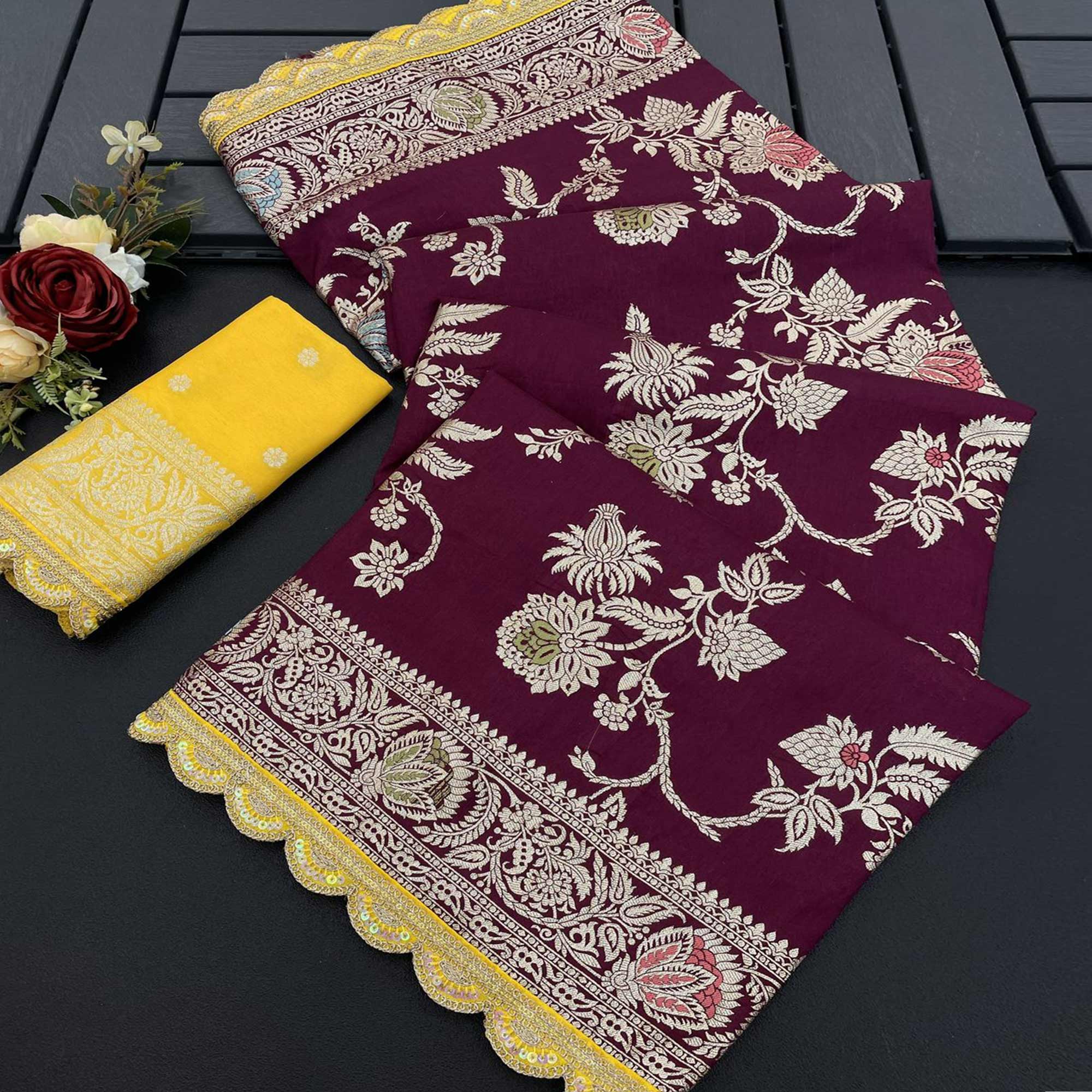 Wine Floral Woven Dola Silk Saree With Lace Border