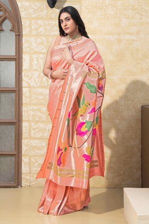 Peach Floral Zari Woven Silk Blend Paithani Saree With Intricate Weaving