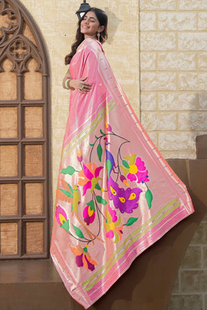 Pink Floral Zari Woven Silk Blend Paithani Saree With Intricate Weaving