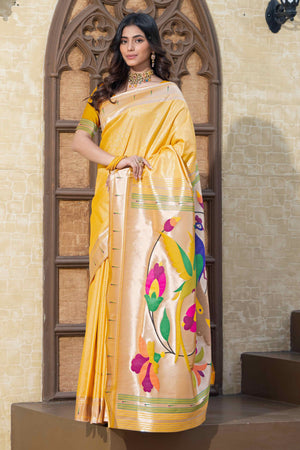 Yellow Floral Zari Woven Silk Blend Paithani Saree With Intricate Weaving