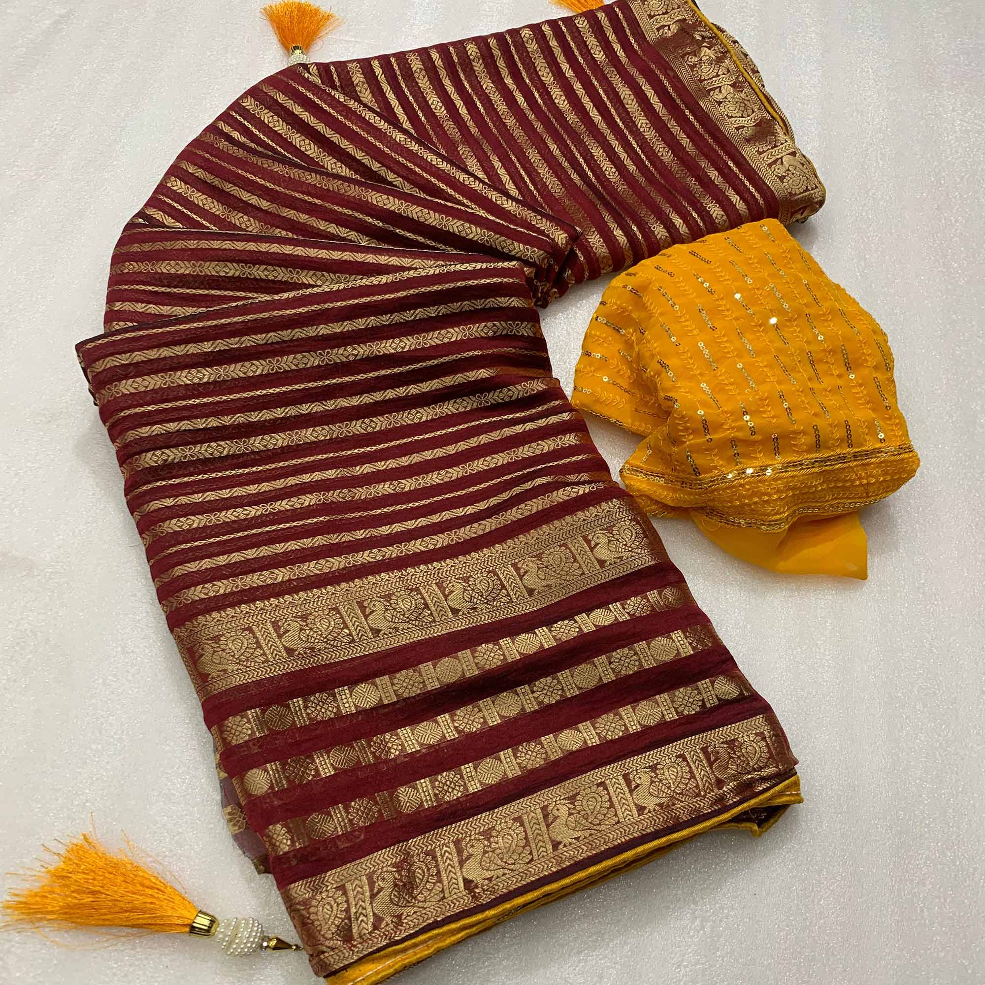 Maroon Zari Work Woven Organza Saree