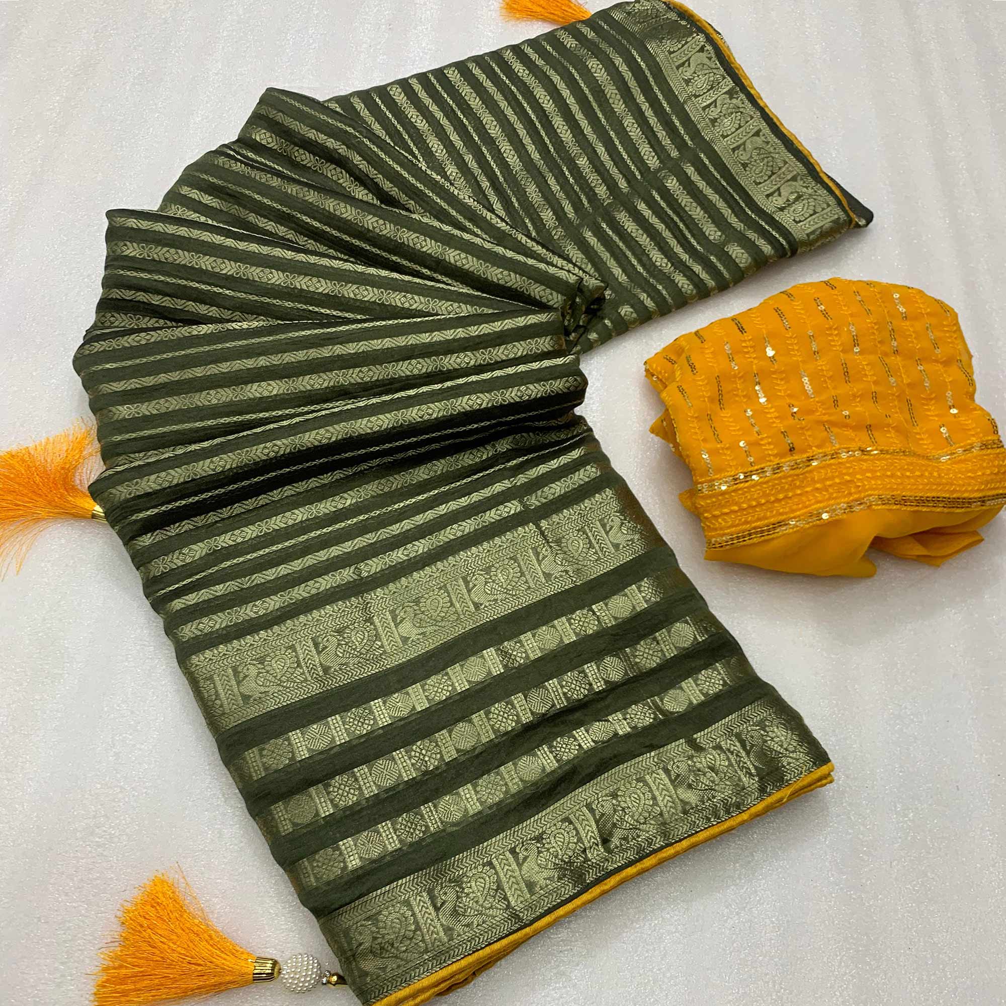 Mehandi Green Zari Work Woven Organza Saree