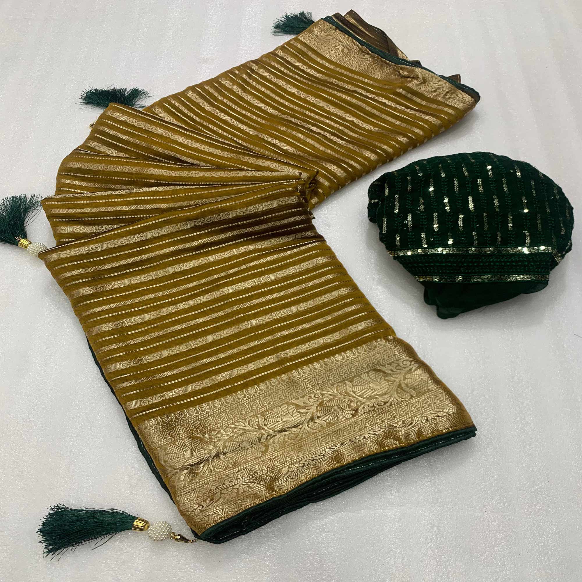 Mustard Woven Georgette Saree With Tassels