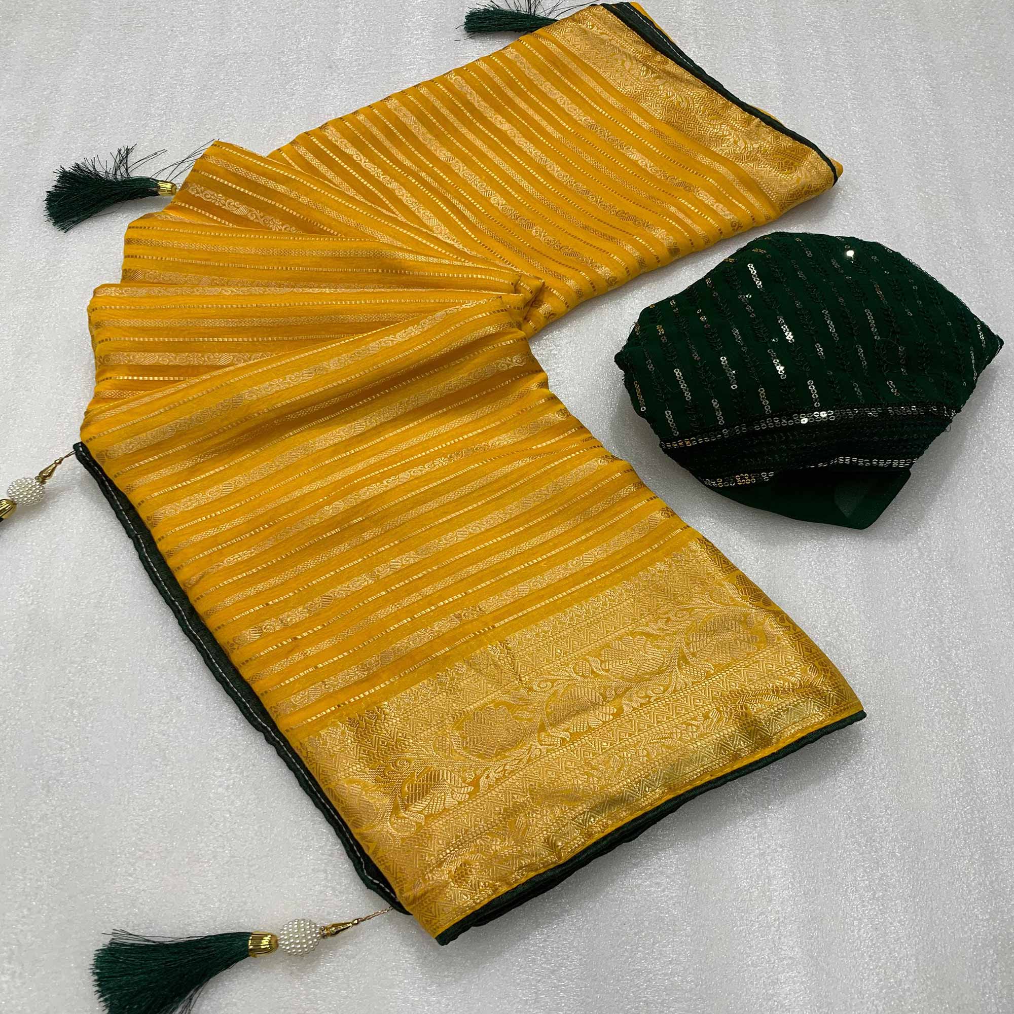 Yellow & Green Woven Georgette Saree With Tassels