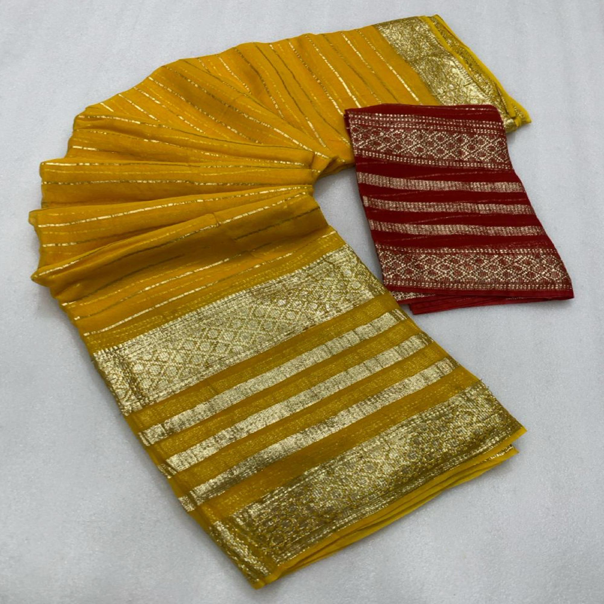 Yellow Striped Zari Woven Viscose Saree