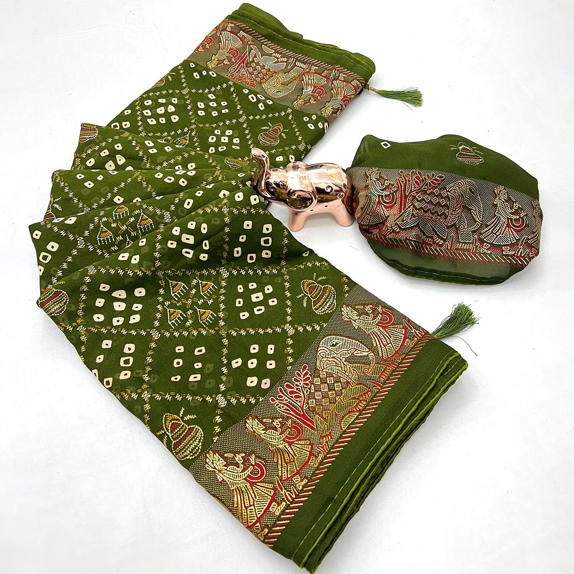 Elegant Mehendi Green Bandhani Foil Printed Georgette Saree Highlighted With Soft Tassel Pallu