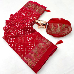 Elegant Red Bandhani Foil Printed Georgette Saree Highlighted With Soft Tassel Pallu