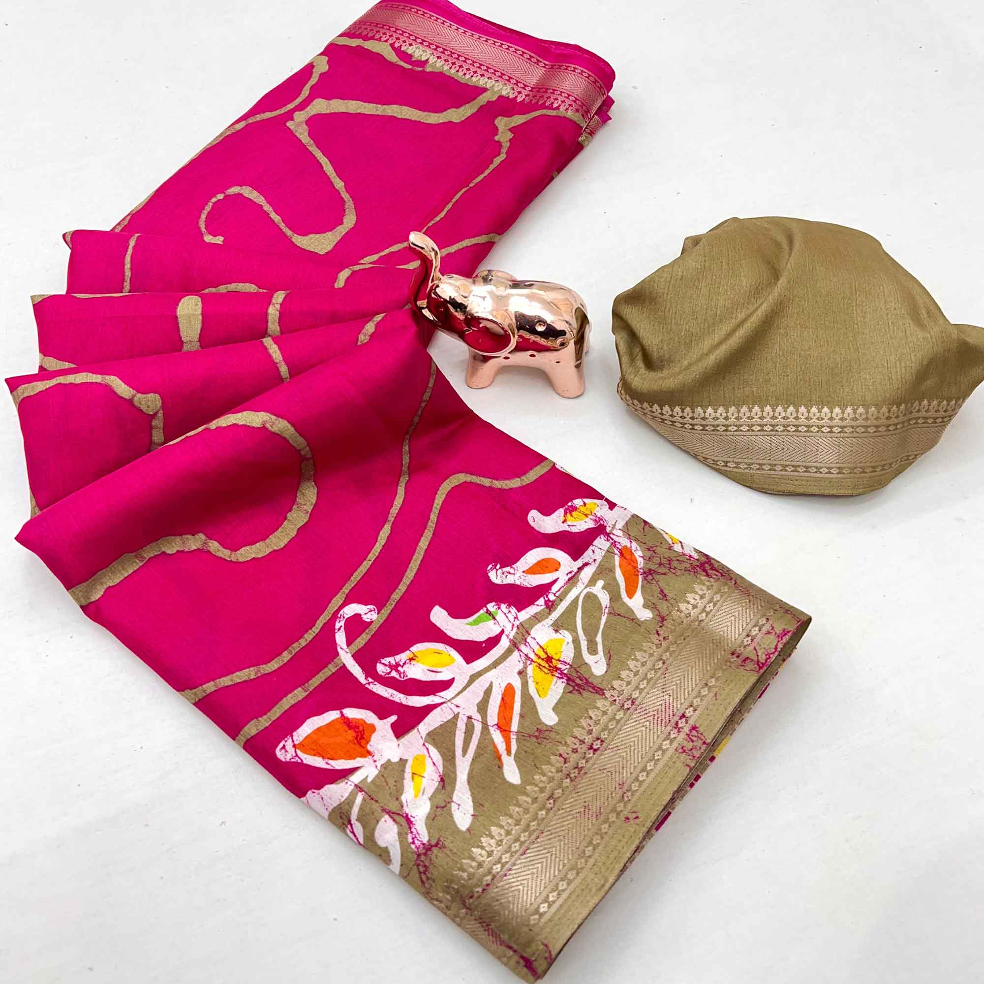 Majestic Pink Batik Abstract Printed Cotton Blend Saree With Elegant Zari Weaving Border
