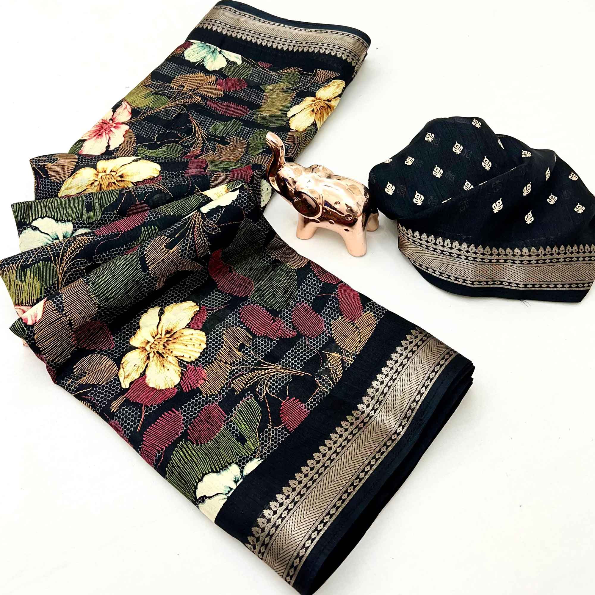 Classic Black Floral Printed Cotton Blend Saree With Elegant Zari Weaving Border