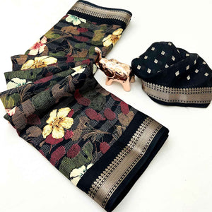 Classic Black Floral Printed Cotton Blend Saree With Elegant Zari Weaving Border