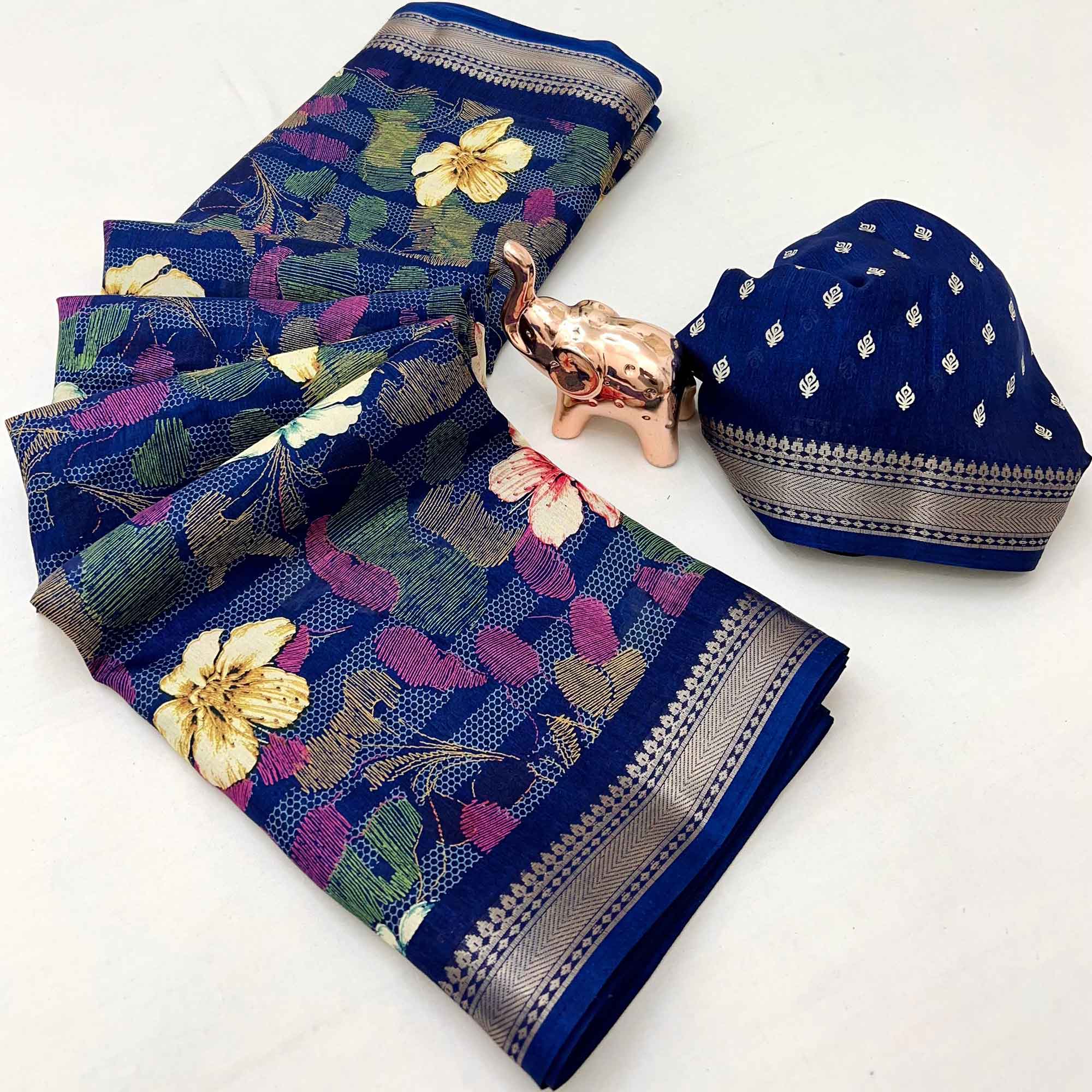 Classic Blue Floral Printed Cotton Blend Saree With Elegant Zari Weaving Border