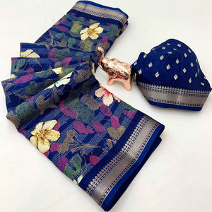 Classic Blue Floral Printed Cotton Blend Saree With Elegant Zari Weaving Border