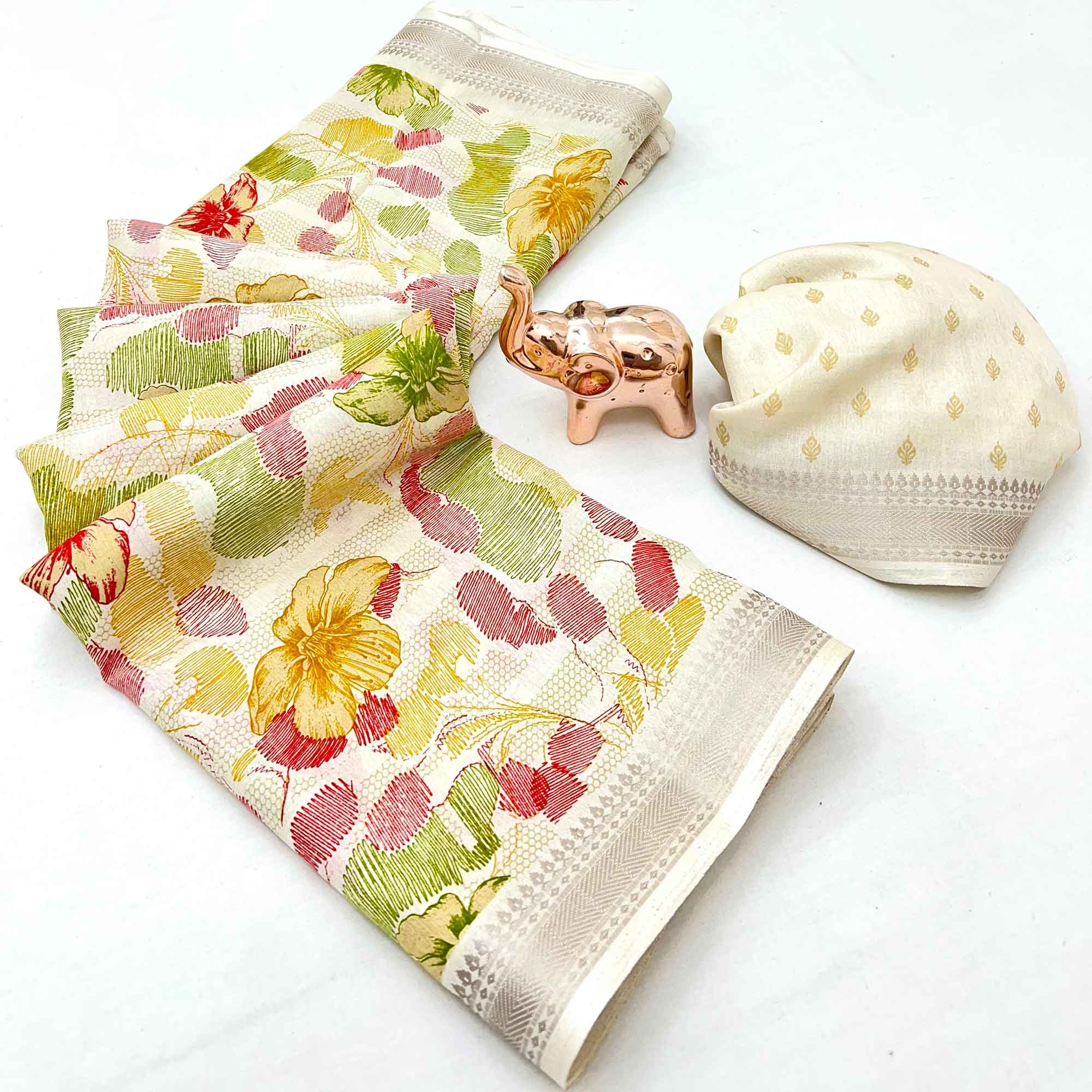 Classic Cream Floral Printed Cotton Blend Saree With Elegant Zari Weaving Border
