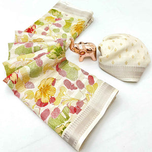 Classic Cream Floral Printed Cotton Blend Saree With Elegant Zari Weaving Border