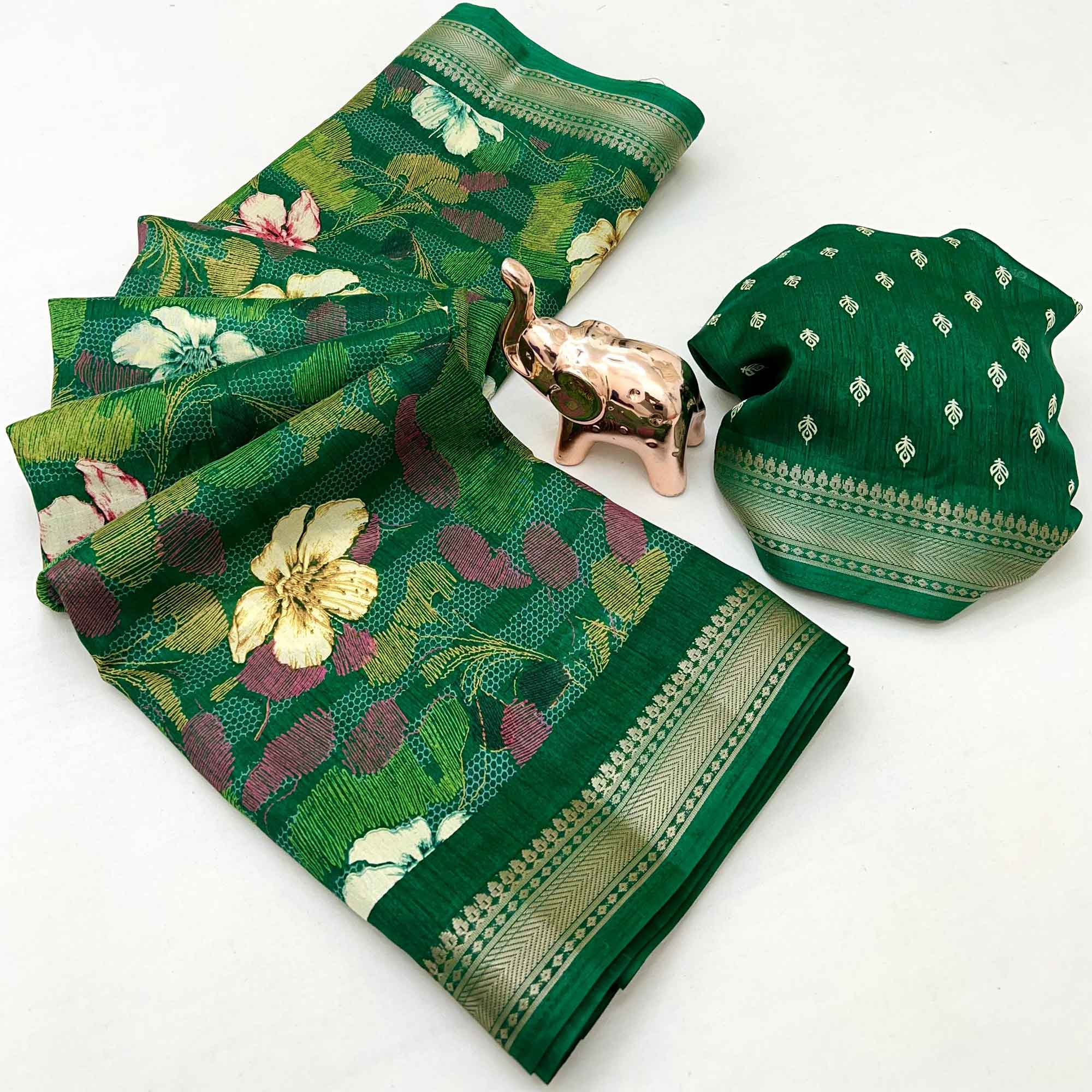 Classic Green Floral Printed Cotton Blend Saree With Elegant Zari Weaving Border