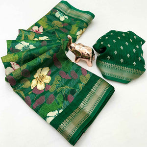Classic Green Floral Printed Cotton Blend Saree With Elegant Zari Weaving Border