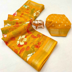 Classic Mustard Floral Printed Cotton Blend Saree With Elegant Zari Weaving Border