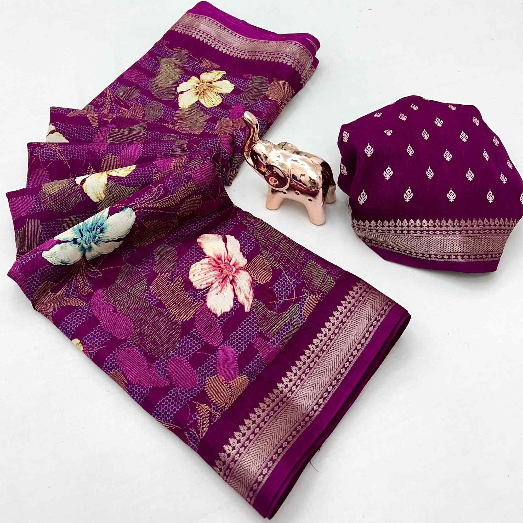 Classic Wine Floral Printed Cotton Blend Saree With Elegant Zari Weaving Border