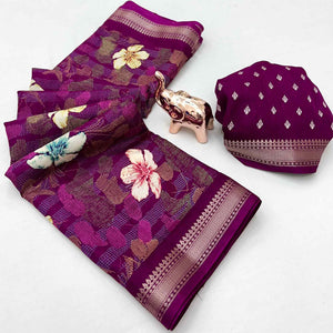 Classic Wine Floral Printed Cotton Blend Saree With Elegant Zari Weaving Border