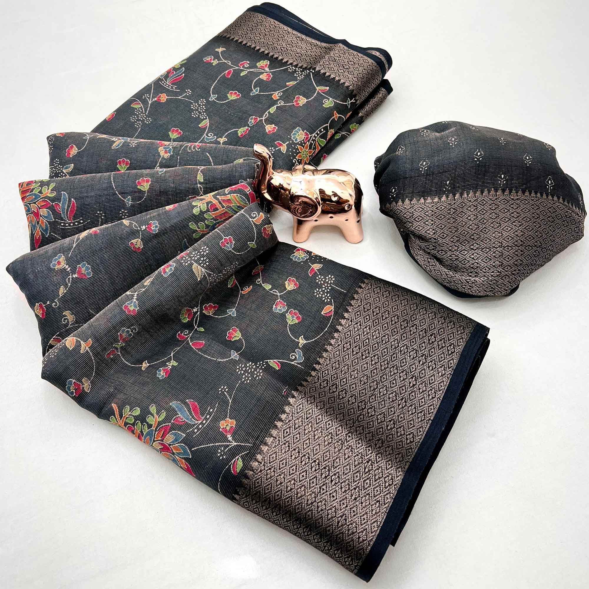 Black Floral Printed Cotton Blend Saree With Zari Woven Border