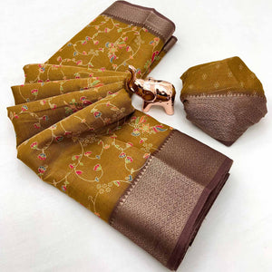 Dark Mustard Floral Printed Cotton Blend Saree With Zari Woven Border