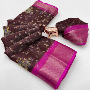Deep Brown Floral Printed Cotton Blend Saree With Zari Woven Border