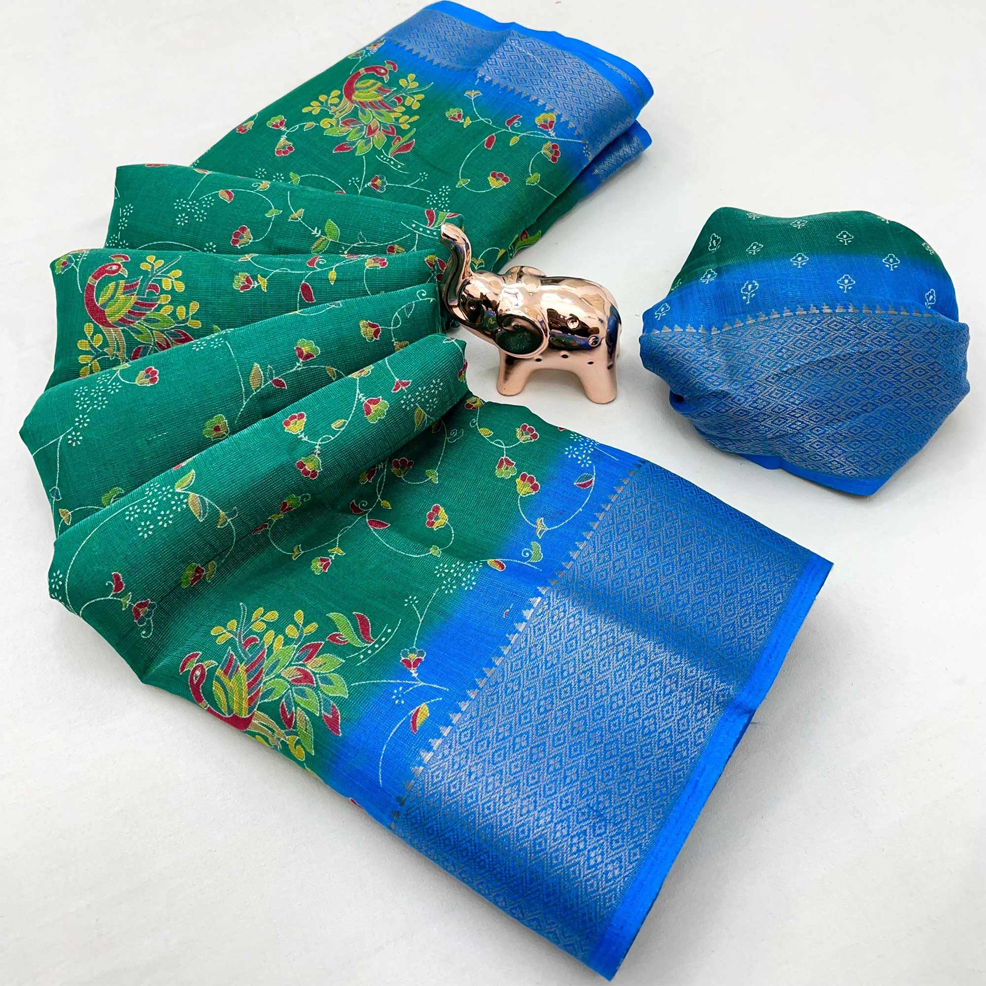 Green Floral Printed Cotton Blend Saree With Zari Woven Border