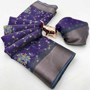 Purple Floral Printed Cotton Blend Saree With Zari Woven Border