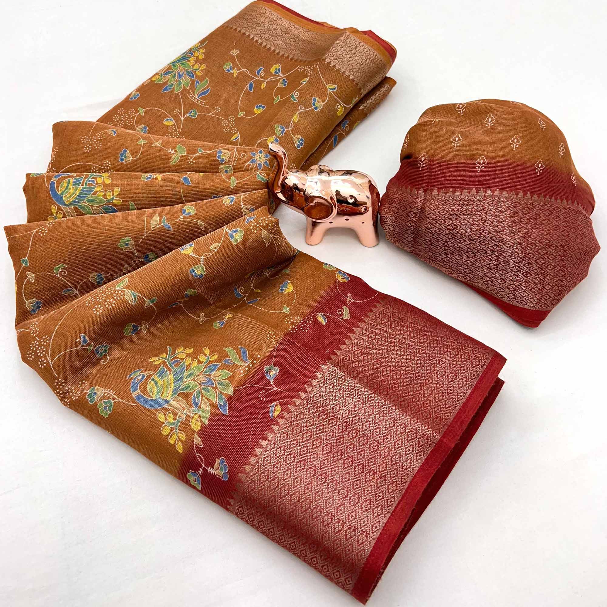Rust Floral Printed Cotton Blend Saree With Zari Woven Border